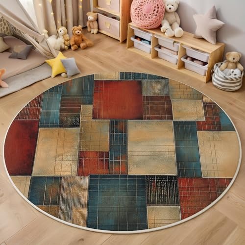 ALTCIRNMD Rot Und Blau Würfel 3D Teppich Rundteppich Für Wohnzimmer 140Cm Abstrakte Geometrie,Schlafzimmer rutschfeste Bodenmatte Krabbelmatte Tischset Flur Badematte Esszimmer Eingangsbereich von ALTCIRNMD