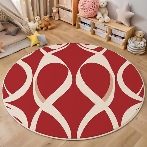 ALTCIRNMD Rot Weiß Einfache Wellen 3D Teppich Rundteppich Für Wohnzimmer 160Cm Symmetrische Kunst,Schlafzimmer rutschfeste Bodenmatte Krabbelmatte Tischset Flur Badematte Esszimmer Eingangsbereich von ALTCIRNMD
