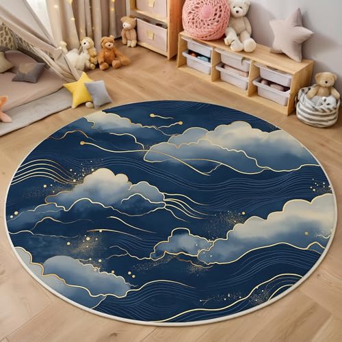 ALTCIRNMD Rund Teppich,100Cm 3D Blau Weiß Linien Und Wolken Bedruckt Bereich Kinderteppich rutschfest Yoga Teppich Ozean Textur Für Wohnzimmer Balkon Badezimmer Bedruckter Boden Matte von ALTCIRNMD
