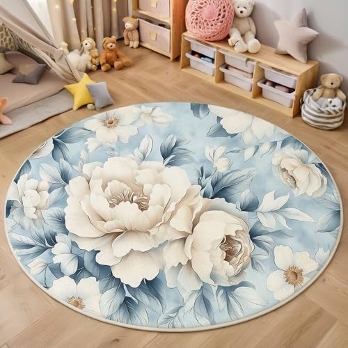 ALTCIRNMD Rund Teppich,100Cm 3D Blau Weiß Pfingstrose Gänseblümchen Bedruckt Bereich Kinderteppich rutschfest Yoga Teppich Retro-Pflanzen Für Wohnzimmer Balkon Badezimmer Bedruckter Boden Matte ALTCIRNMD Rund Teppich,100Cm 3D Blau Weiß Pfingstrose Gänseblümchen Bedruckt Bereich Kinderteppich rutschfest Yoga Teppich Retro-Pflanzen Für Wohnzimmer Balkon Badezimmer Bedruckter Boden Matte von ALTCIRNMD
