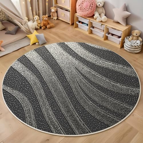 ALTCIRNMD Rund Teppich,100Cm 3D Dunkelgrau Wellenlinien Bedruckt Bereich Kinderteppich rutschfest Yoga Teppich Textur Für Wohnzimmer Balkon Badezimmer Bedruckter Boden Matte von ALTCIRNMD
