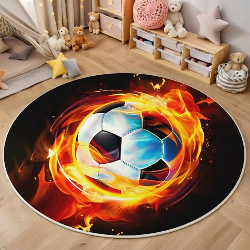 ALTCIRNMD Rund Teppich,100Cm 3D Rot Flammenfußball Bedruckt Bereich Kinderteppich rutschfest Yoga Teppich Cartoon-Kunst Für Wohnzimmer Balkon Badezimmer Bedruckter Boden Matte von ALTCIRNMD