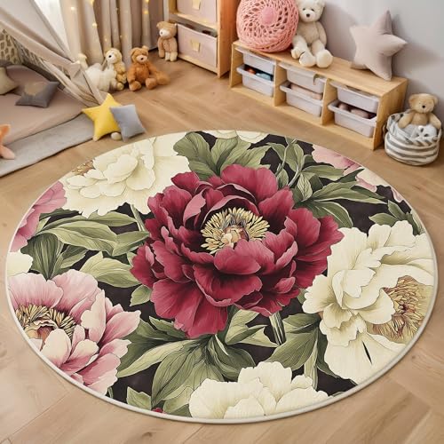 ALTCIRNMD Rund Teppich,100Cm 3D Rot Weiß Grüne Blätter Der Pfingstrose Bedruckt Bereich Kinderteppich rutschfest Yoga Teppich Aquarellpflanzen Für Wohnzimmer Balkon Badezimmer Bedruckter Boden Matte ALTCIRNMD Rund Teppich,100Cm 3D Rot Weiß Grüne Blätter Der Pfingstrose Bedruckt Bereich Kinderteppich rutschfest Yoga Teppich Aquarellpflanzen Für Wohnzimmer Balkon Badezimmer Bedruckter Boden Matte von ALTCIRNMD