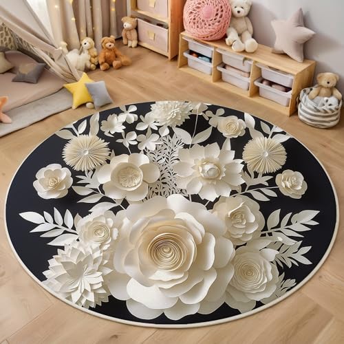 ALTCIRNMD Rund Teppich,100Cm 3D Schwarz Weiß Rosenblüten Bedruckt Bereich Kinderteppich rutschfest Yoga Teppich Papierschnittpflanzen Für Wohnzimmer Balkon Badezimmer Bedruckter Boden Matte ALTCIRNMD Rund Teppich,100Cm 3D Schwarz Weiß Rosenblüten Bedruckt Bereich Kinderteppich rutschfest Yoga Teppich Papierschnittpflanzen Für Wohnzimmer Balkon Badezimmer Bedruckter Boden Matte von ALTCIRNMD