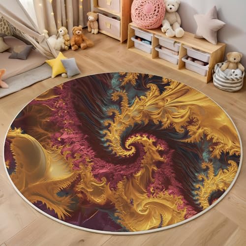 ALTCIRNMD Rund Teppich,100Cm 3D Senfgelb Rotierende Linien Bedruckt Bereich Kinderteppich rutschfest Yoga Teppich Abstrakte Textur Für Wohnzimmer Balkon Badezimmer Bedruckter Boden Matte von ALTCIRNMD