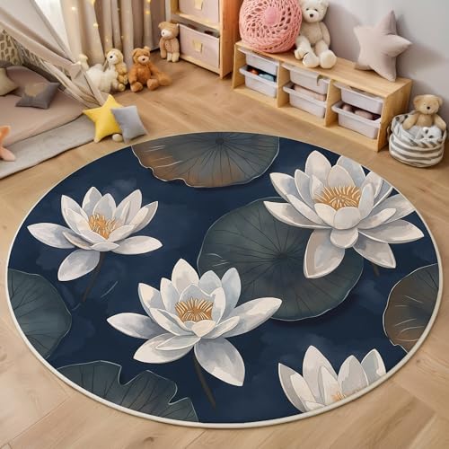 ALTCIRNMD Rund Teppich,100Cm 3D Weiß Seerose Lotusblatt Bedruckt Bereich Kinderteppich rutschfest Yoga Teppich Aquarellpflanzen Für Wohnzimmer Balkon Badezimmer Bedruckter Boden Matte ALTCIRNMD Rund Teppich,100Cm 3D Weiß Seerose Lotusblatt Bedruckt Bereich Kinderteppich rutschfest Yoga Teppich Aquarellpflanzen Für Wohnzimmer Balkon Badezimmer Bedruckter Boden Matte von ALTCIRNMD