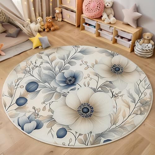 ALTCIRNMD Rund Teppich,120Cm 3D Blau Weiß Anemonenblätter Bedruckt Bereich Kinderteppich rutschfest Yoga Teppich Vintage-Illustration Für Wohnzimmer Balkon Badezimmer Bedruckter Boden Matte ALTCIRNMD Rund Teppich,120Cm 3D Blau Weiß Anemonenblätter Bedruckt Bereich Kinderteppich rutschfest Yoga Teppich Vintage-Illustration Für Wohnzimmer Balkon Badezimmer Bedruckter Boden Matte von ALTCIRNMD