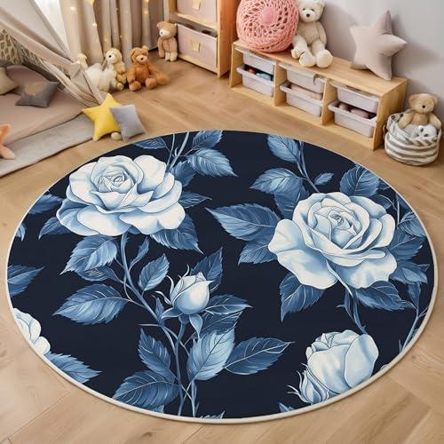 ALTCIRNMD Rund Teppich,120Cm 3D Blau Weiß Rosenblätter Bedruckt Bereich Kinderteppich rutschfest Yoga Teppich Aquarellpflanzen Für Wohnzimmer Balkon Badezimmer Bedruckter Boden Matte ALTCIRNMD Rund Teppich,120Cm 3D Blau Weiß Rosenblätter Bedruckt Bereich Kinderteppich rutschfest Yoga Teppich Aquarellpflanzen Für Wohnzimmer Balkon Badezimmer Bedruckter Boden Matte von ALTCIRNMD