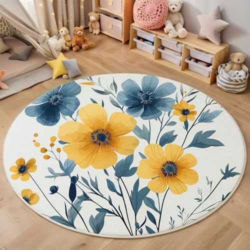 ALTCIRNMD Rund Teppich,120Cm 3D Gelb Blau Blüten Und Blätter Bedruckt Bereich Kinderteppich rutschfest Yoga Teppich Aquarellpflanzen Für Wohnzimmer Balkon Badezimmer Bedruckter Boden Matte von ALTCIRNMD