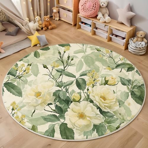 ALTCIRNMD Rund Teppich,120Cm 3D Gelbgrün Rosengrüne Blätter Bedruckt Bereich Kinderteppich rutschfest Yoga Teppich Retro-Aquarell Für Wohnzimmer Balkon Badezimmer Bedruckter Boden Matte von ALTCIRNMD