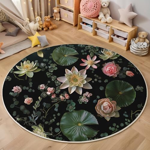 ALTCIRNMD Rund Teppich,120Cm 3D Rosa Grün Seerosenblüten Bedruckt Bereich Kinderteppich rutschfest Yoga Teppich Abbildung Von Pflanzen Für Wohnzimmer Balkon Badezimmer Bedruckter Boden Matte ALTCIRNMD Rund Teppich,120Cm 3D Rosa Grün Seerosenblüten Bedruckt Bereich Kinderteppich rutschfest Yoga Teppich Abbildung Von Pflanzen Für Wohnzimmer Balkon Badezimmer Bedruckter Boden Matte von ALTCIRNMD