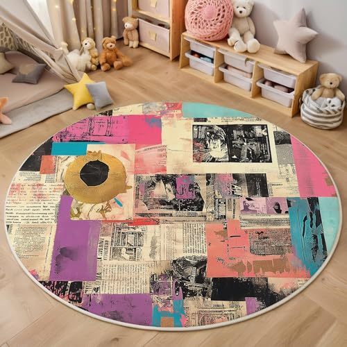 ALTCIRNMD Rund Teppich,120Cm 3D Rosa Lila Vintage-Zeitungen Bedruckt Bereich Kinderteppich rutschfest Yoga Teppich Straßenkultur Für Wohnzimmer Balkon Badezimmer Bedruckter Boden Matte von ALTCIRNMD