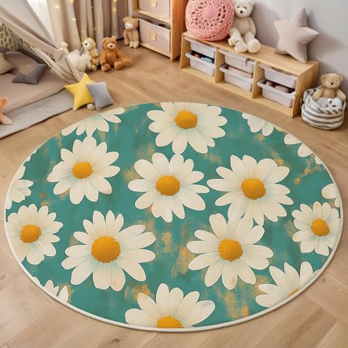 ALTCIRNMD Rund Teppich,120Cm 3D Weiß Grün Gänseblümchen Bedruckt Bereich Kinderteppich rutschfest Yoga Teppich Retro-Pflanzen Für Wohnzimmer Balkon Badezimmer Bedruckter Boden Matte von ALTCIRNMD
