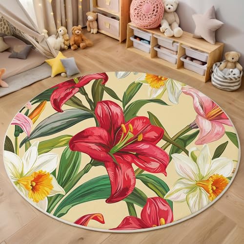 ALTCIRNMD Rund Teppich,140Cm 3D Rosa Lilie Und Narzisse Bedruckt Bereich Kinderteppich rutschfest Yoga Teppich Helle Pflanzen Für Wohnzimmer Balkon Badezimmer Bedruckter Boden Matte von ALTCIRNMD
