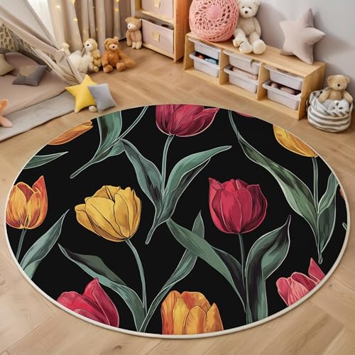 ALTCIRNMD Rund Teppich,140Cm 3D Rot Gelb Tulpenblüten Bedruckt Bereich Kinderteppich rutschfest Yoga Teppich Retro-Pflanzen Für Wohnzimmer Balkon Badezimmer Bedruckter Boden Matte von ALTCIRNMD