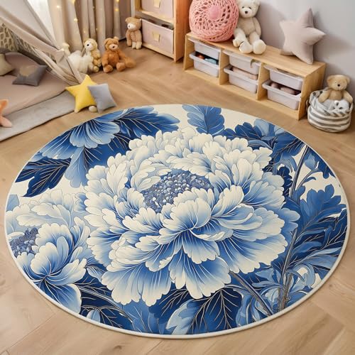 ALTCIRNMD Rund Teppich,160Cm 3D Blau Blau-Weiße Porzellan-Chrysantheme Bedruckt Bereich Kinderteppich rutschfest Yoga Teppich Tintenfabriken Für Wohnzimmer Balkon Badezimmer Bedruckter Boden Matte von ALTCIRNMD