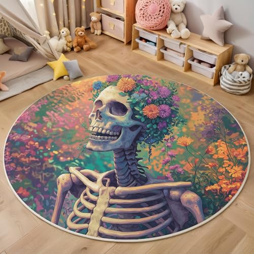 ALTCIRNMD Rund Teppich,160Cm 3D Rosa Gelb Totenkopfblumen Bedruckt Bereich Kinderteppich rutschfest Yoga Teppich Surrealismus Für Wohnzimmer Balkon Badezimmer Bedruckter Boden Matte von ALTCIRNMD