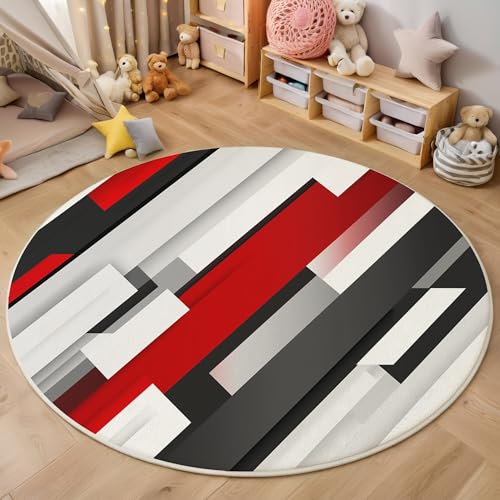 ALTCIRNMD Rund Teppich,160Cm 3D Rot Weiß Dreieckige Streifen Bedruckt Bereich Kinderteppich rutschfest Yoga Teppich Abstrakte Kunst Für Wohnzimmer Balkon Badezimmer Bedruckter Boden Matte von ALTCIRNMD