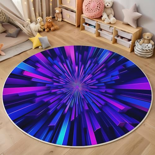 ALTCIRNMD Rund Teppich,180Cm 3D Blau-Lila Helle Streifen Bedruckt Bereich Kinderteppich rutschfest Yoga Teppich Einfache Geometrie Für Wohnzimmer Balkon Badezimmer Bedruckter Boden Matte von ALTCIRNMD