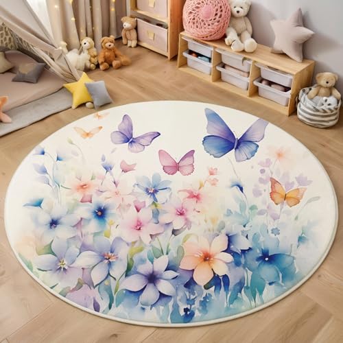 ALTCIRNMD Rund Teppich,200Cm 3D Rosa Schmetterlingsblumen Bedruckt Bereich Kinderteppich rutschfest Yoga Teppich Insektenpflanzen Für Wohnzimmer Balkon Badezimmer Bedruckter Boden Matte von ALTCIRNMD