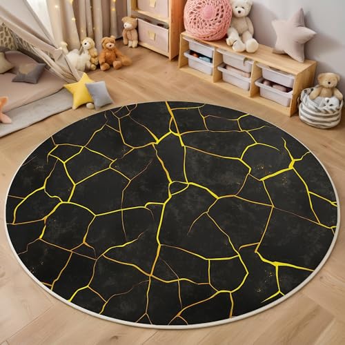 ALTCIRNMD Schwarz Gelb Linienstruktur 3D Teppich Rundteppich Für Wohnzimmer 180Cm Flache Abbildung,Schlafzimmer rutschfeste Bodenmatte Krabbelmatte Tischset Flur Badematte Esszimmer Eingangsbereich von ALTCIRNMD