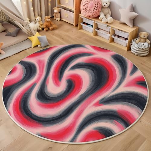 ALTCIRNMD Schwarz Rot Wirbelstreifen 3D Teppich Rundteppich Für Wohnzimmer 120Cm Abstrakte Textur,Schlafzimmer rutschfeste Bodenmatte Krabbelmatte Tischset Flur Badematte Esszimmer Eingangsbereich von ALTCIRNMD
