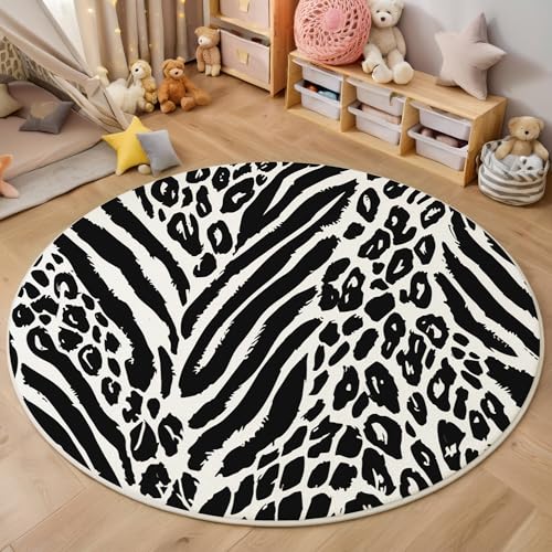 ALTCIRNMD Schwarz Und Weiß Zebramuster 3D Teppich Rundteppich Für Wohnzimmer 160Cm Tintentextur,Schlafzimmer rutschfeste Bodenmatte Krabbelmatte Tischset Flur Badematte Esszimmer Eingangsbereich von ALTCIRNMD