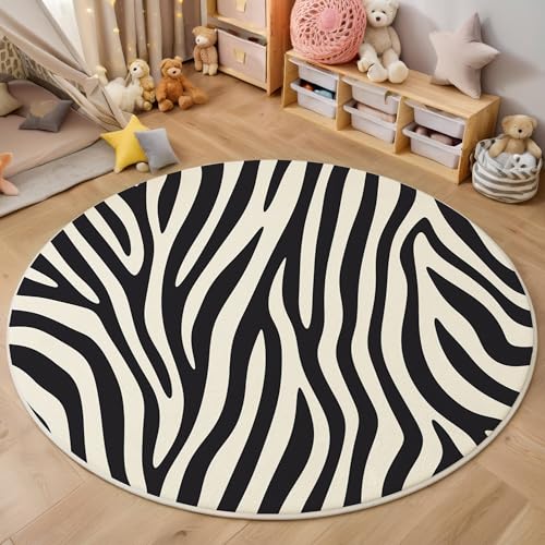 ALTCIRNMD Schwarz Und Weiß Zebrastreifen 3D Teppich Rundteppich Für Wohnzimmer 200Cm Tiertexturen,Schlafzimmer rutschfeste Bodenmatte Krabbelmatte Tischset Flur Badematte Esszimmer Eingangsbereich von ALTCIRNMD