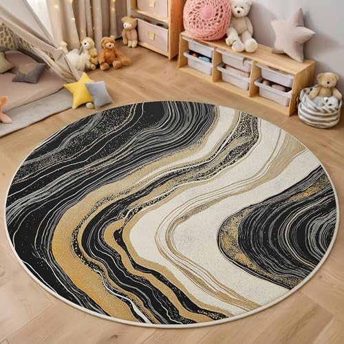 ALTCIRNMD Schwarz Weiß Marmorlinien 3D Teppich Rundteppich Für Wohnzimmer 120Cm Elegante Textur,Schlafzimmer rutschfeste Bodenmatte Krabbelmatte Tischset Flur Badematte Esszimmer Eingangsbereich von ALTCIRNMD
