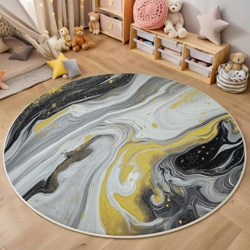 ALTCIRNMD Schwarz Weiß Wirbelmarmor 3D Teppich Rundteppich Für Wohnzimmer 100Cm Abstraktes Muster,Schlafzimmer rutschfeste Bodenmatte Krabbelmatte Tischset Flur Badematte Esszimmer Eingangsbereich von ALTCIRNMD