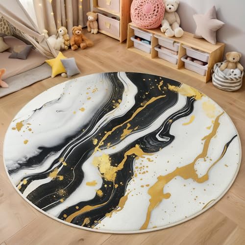 ALTCIRNMD Schwarz Weiß Wirbelmarmor 3D Teppich Rundteppich Für Wohnzimmer 100Cm Aquarelltextur,Schlafzimmer rutschfeste Bodenmatte Krabbelmatte Tischset Flur Badematte Esszimmer Eingangsbereich von ALTCIRNMD
