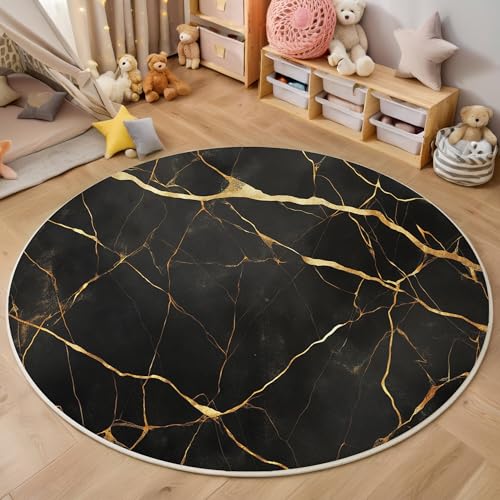 ALTCIRNMD Schwarzes Gold Linearer Marmor 3D Teppich Rundteppich Für Wohnzimmer 200Cm Elegante Textur,Schlafzimmer rutschfeste Bodenmatte Krabbelmatte Tischset Flur Badematte Esszimmer Eingangsbereich von ALTCIRNMD