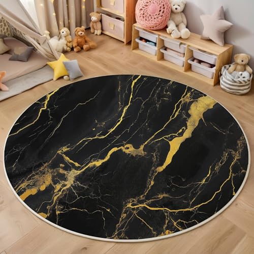 ALTCIRNMD Schwarzes Gold Mode Marmor 3D Teppich Rundteppich Für Wohnzimmer 140Cm Abstrakte Textur,Schlafzimmer rutschfeste Bodenmatte Krabbelmatte Tischset Flur Badematte Esszimmer Eingangsbereich von ALTCIRNMD