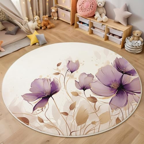 ALTCIRNMD Teppich 3D Druck Beige-Lila Linie Blumen Teppiche Wohnzimmer Große rutschfest Teppiche Aquarellpflanzen Schlafzimmer Badezimmer Küche Bodenmatte Fußmatte,Rund 200Cm von ALTCIRNMD