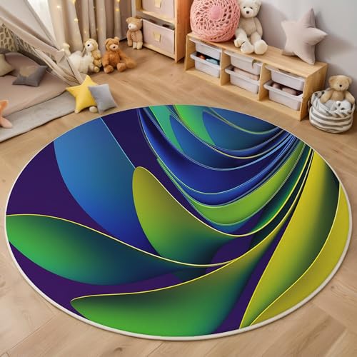 ALTCIRNMD Teppich 3D Druck Blaugrün Gebogene Streifen Teppiche Wohnzimmer Große rutschfest Teppiche Fließende Textur Schlafzimmer Badezimmer Küche Bodenmatte Fußmatte,Rund 100Cm von ALTCIRNMD