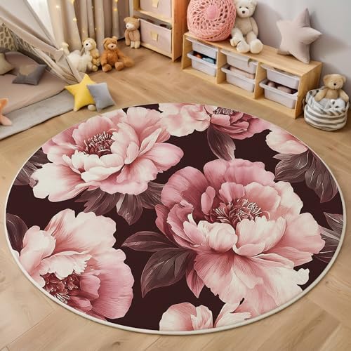 ALTCIRNMD Teppich 3D Druck Braun Rosa Pfingstrosenblüten Teppiche Wohnzimmer Große rutschfest Teppiche Aquarellpflanzen Schlafzimmer Badezimmer Küche Bodenmatte Fußmatte,Rund 180Cm von ALTCIRNMD