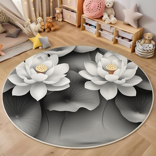 ALTCIRNMD Teppich 3D Druck Cremefarben Lotus Lake Blätter Teppiche Wohnzimmer Große rutschfest Teppiche Elegante Pflanzen Schlafzimmer Badezimmer Küche Bodenmatte Fußmatte,Rund 180Cm von ALTCIRNMD