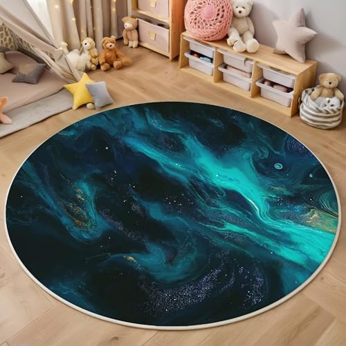 ALTCIRNMD Teppich 3D Druck Dunkelblau Fließende Flüssigkeit Teppiche Wohnzimmer Große rutschfest Teppiche Abstrakte Landschaft Schlafzimmer Badezimmer Küche Bodenmatte Fußmatte,Rund 120Cm von ALTCIRNMD