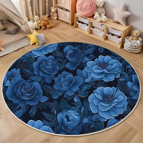 ALTCIRNMD Teppich 3D Druck Dunkelblau Rosenblüten Teppiche Wohnzimmer Große rutschfest Teppiche Elegante Pflanzen Schlafzimmer Badezimmer Küche Bodenmatte Fußmatte,Rund 120Cm von ALTCIRNMD