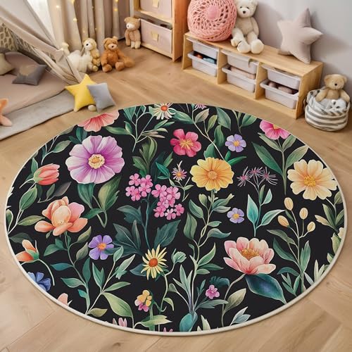 ALTCIRNMD Teppich 3D Druck Farbe Rosengrüne Blätter Teppiche Wohnzimmer Große rutschfest Teppiche Illustration Pflanzen Schlafzimmer Badezimmer Küche Bodenmatte Fußmatte,Rund 120Cm von ALTCIRNMD