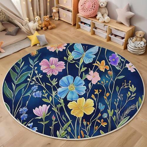 ALTCIRNMD Teppich 3D Druck Gelb Blau Blumen Und Grüne Blätter Teppiche Wohnzimmer Große rutschfest Teppiche Aquarellpflanzen Schlafzimmer Badezimmer Küche Bodenmatte Fußmatte,Rund 140Cm von ALTCIRNMD