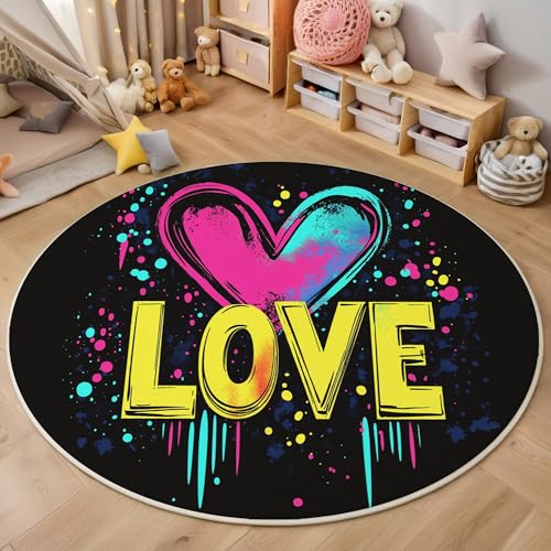 ALTCIRNMD Teppich 3D Druck Gelb Blau Liebesworte Teppiche Wohnzimmer Große rutschfest Teppiche Psychedelische Kunst Schlafzimmer Badezimmer Küche Bodenmatte Fußmatte,Rund 140Cm ALTCIRNMD Teppich 3D Druck Gelb Blau Liebesworte Teppiche Wohnzimmer Große rutschfest Teppiche Psychedelische Kunst Schlafzimmer Badezimmer Küche Bodenmatte Fußmatte,Rund 140Cm von ALTCIRNMD