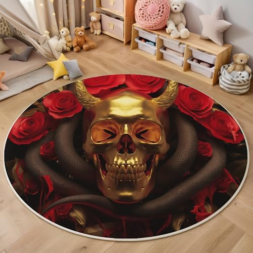 ALTCIRNMD Teppich 3D Druck Goldenes Rot Rosenschädel Teppiche Wohnzimmer Große rutschfest Teppiche Fantasiepflanzen Schlafzimmer Badezimmer Küche Bodenmatte Fußmatte,Rund 140Cm von ALTCIRNMD