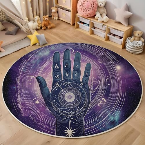 ALTCIRNMD Teppich 3D Druck Lila Sternenhimmel-Palme Teppiche Wohnzimmer Große rutschfest Teppiche Psychedelische Kunst Schlafzimmer Badezimmer Küche Bodenmatte Fußmatte,Rund 180Cm von ALTCIRNMD