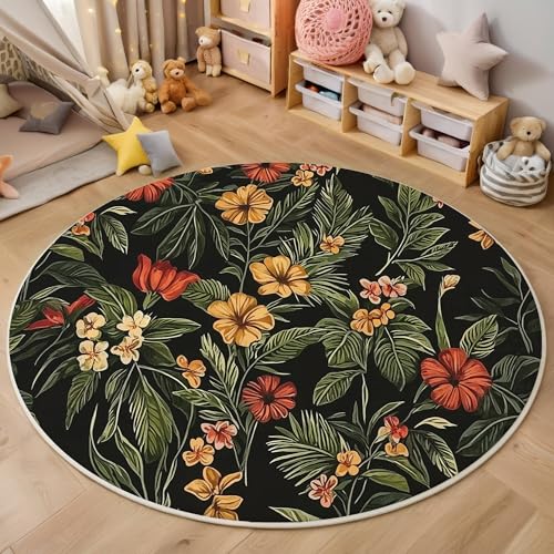ALTCIRNMD Teppich 3D Druck Orange Grün Blumen Und Grüne Blätter Teppiche Wohnzimmer Große rutschfest Teppiche Tropische Pflanzen Schlafzimmer Badezimmer Küche Bodenmatte Fußmatte,Rund 180Cm von ALTCIRNMD