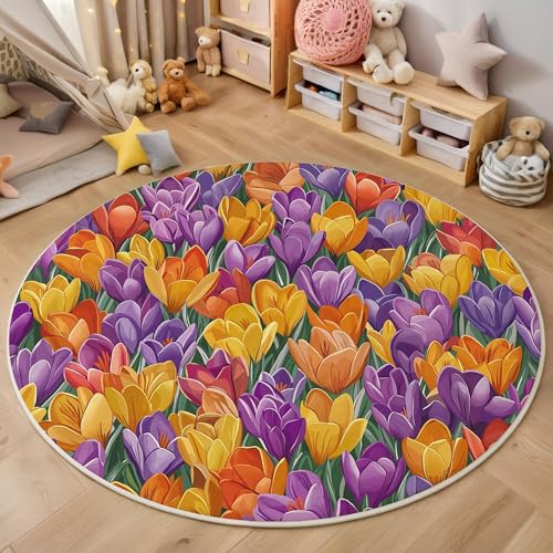 ALTCIRNMD Teppich 3D Druck Orange-Lila Blühende Krokusse Teppiche Wohnzimmer Große rutschfest Teppiche Elegante Pflanzen Schlafzimmer Badezimmer Küche Bodenmatte Fußmatte,Rund 140Cm von ALTCIRNMD