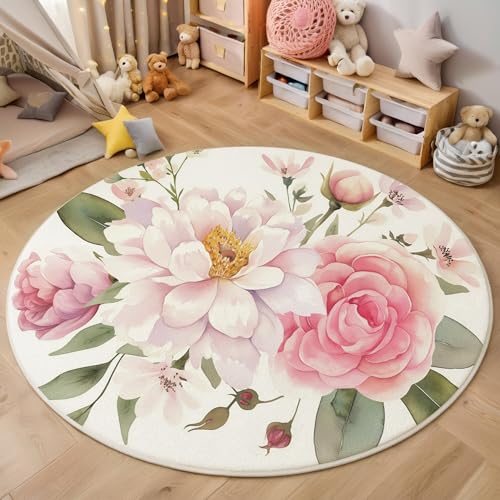 ALTCIRNMD Teppich 3D Druck Rosa Blumen Und Grüne Blätter Teppiche Wohnzimmer Große rutschfest Teppiche Natürliche Pflanzen Schlafzimmer Badezimmer Küche Bodenmatte Fußmatte,Rund 120Cm von ALTCIRNMD