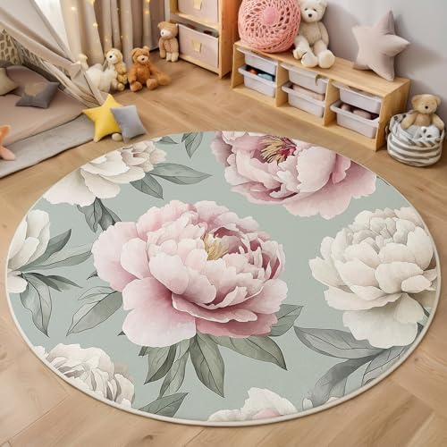 ALTCIRNMD Teppich 3D Druck Rosa Grüne Blätter Der Pfingstrose Teppiche Wohnzimmer Große rutschfest Teppiche Gartenpflanzen Schlafzimmer Badezimmer Küche Bodenmatte Fußmatte,Rund 140Cm von ALTCIRNMD