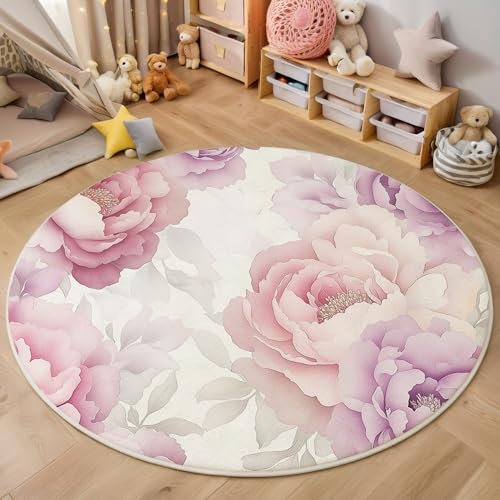 ALTCIRNMD Teppich 3D Druck Rosa Lila Pfingstrosenblüten Teppiche Wohnzimmer Große rutschfest Teppiche Aquarellpflanzen Schlafzimmer Badezimmer Küche Bodenmatte Fußmatte,Rund 100Cm von ALTCIRNMD