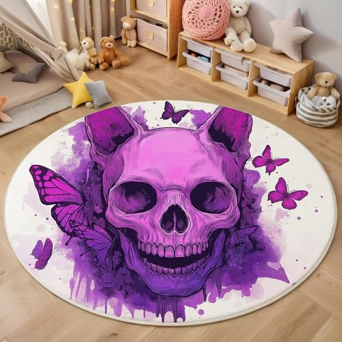 ALTCIRNMD Teppich 3D Druck Rosa Lila Schmetterlingsschädel Teppiche Wohnzimmer Große rutschfest Teppiche Aquarellkunst Schlafzimmer Badezimmer Küche Bodenmatte Fußmatte,Rund 160Cm von ALTCIRNMD